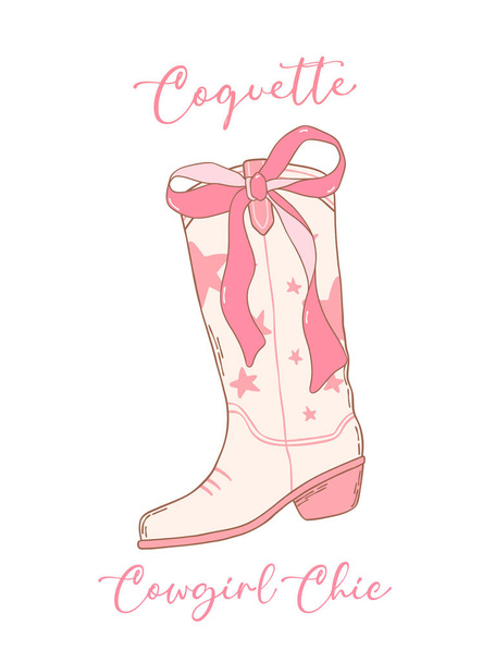 Coquette Pink Cowgirl μπότες με κορδέλα τόξο χέρι doodle - Διάνυσμα, εικόνα