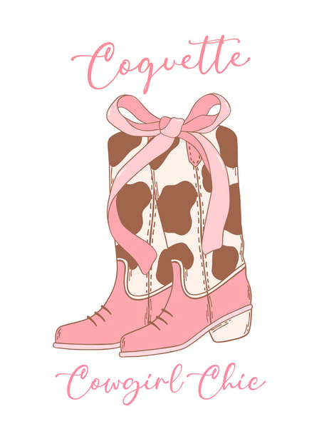 Coquette Cowgirl Boots with pink Ribbon Bow Hand Drawn Doodle - Vector, Image