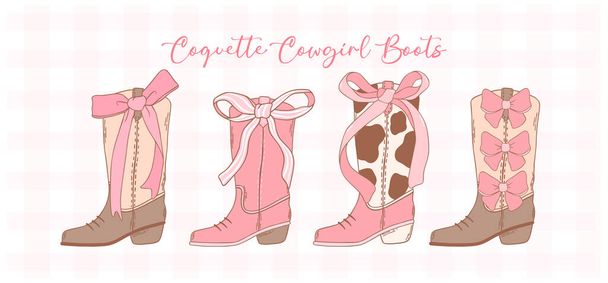 Coquette rosa botas de vaqueira com fita arco mão coleção desenhada - Vetor, Imagem
