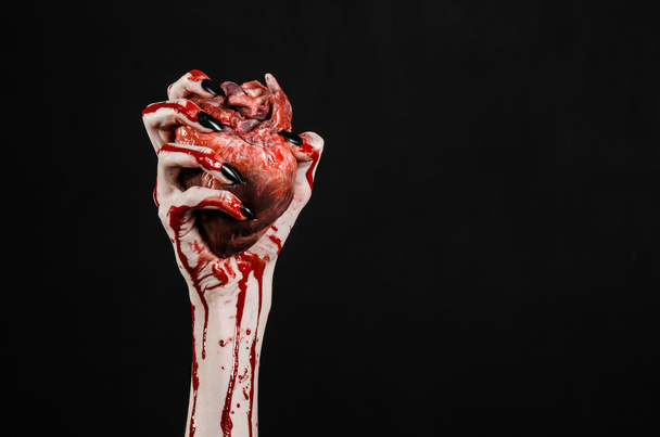 Bloody horror and Halloween theme: Terrible bloody hands with black nails holding a bloody human heart on a black background isolated background in studio - Fotografie, Obrázek