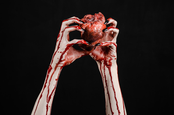 Bloody horror and Halloween theme: Terrible bloody hands with black nails holding a bloody human heart on a black background isolated background in studio - Foto, immagini
