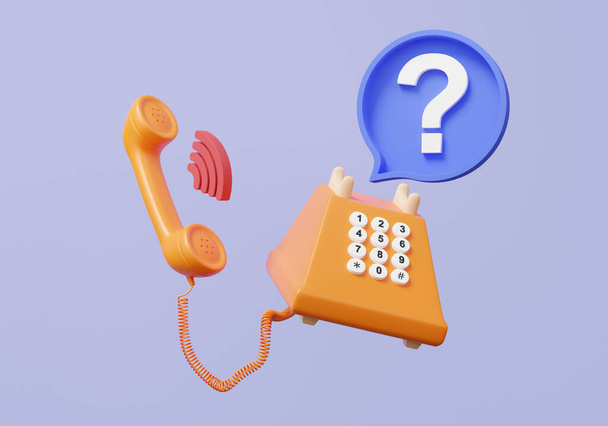 紫色の背景に浮かぶオレンジのレトロなヴィンテージ番号の電話質問マーク. FAQの回答ソリューション情報オペレータは,チャットコンタクト,サポートコンサルタントのトークコンセプトを支援します. 3Dレンダリング要素 - 写真・画像
