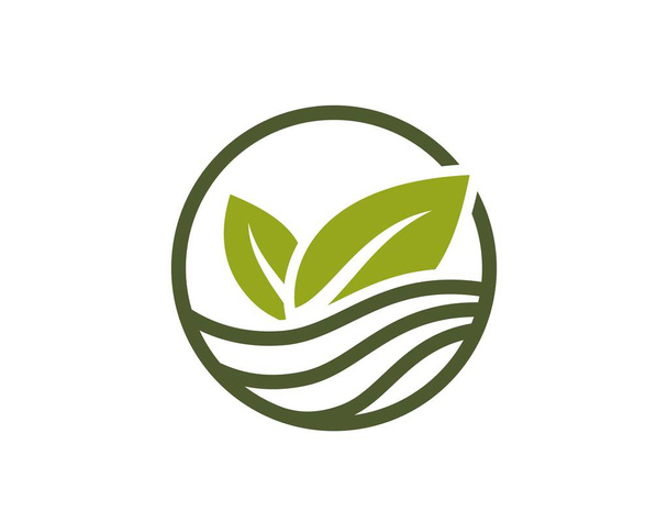 Эко насаждение логотипа. зеленый лист в поле. органический и природный символ. изолированное векторное изображение в плоской конструкции - Вектор,изображение