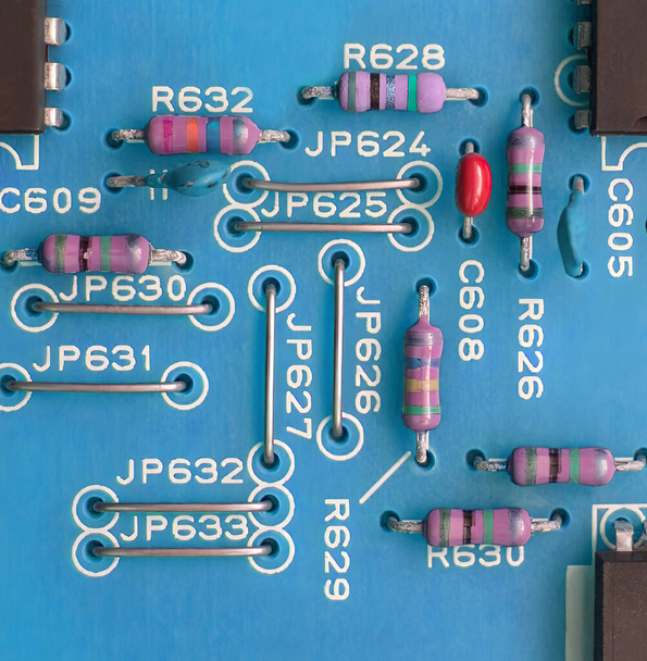Placa-mãe. Placa de circuito azul, macro. Close Up placa base azul, formato quadrado. Antecedentes, tecnologia. - Foto, Imagem