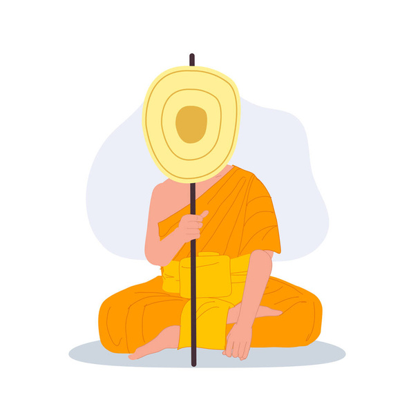 Sedící thajský mnich v tradičním rouchu s talipotovým ventilátorem. - Vektor, obrázek