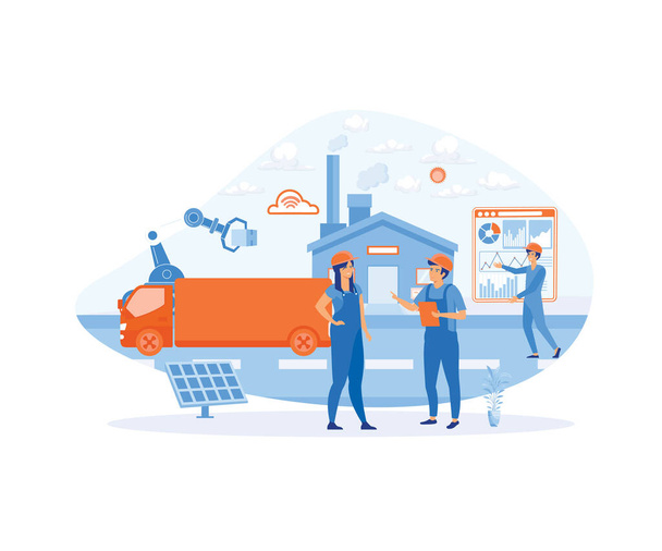 Smart Factories and working people use wireless technology to control. For work flows with smart devices. flat vector modern illustration - Vector, Image