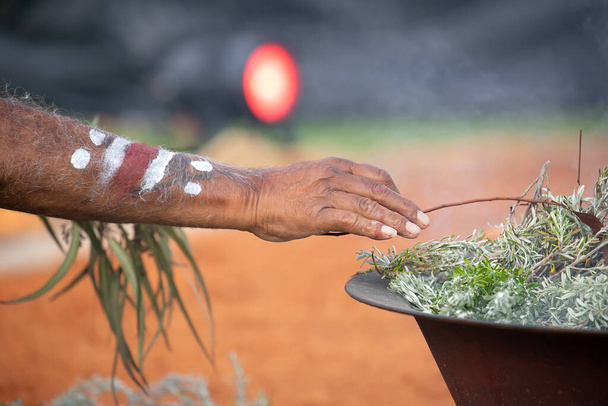 Ihmiskäsi eukalyptuksen vihreällä oksalla savurituaalia varten tervetuliaisriitti alkuperäiskansojen tapahtumassa Australiassa - Valokuva, kuva