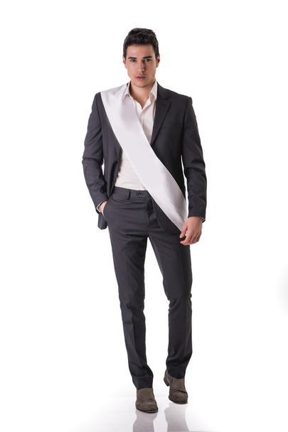 Man in Formal Suit with Blank White Sash - Zdjęcie, obraz
