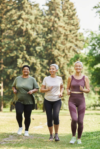 Κάθετη ολόσωμη προσωπογραφία τριών ηλικιωμένων γυναικών που τρέχουν προς την κάμερα στο πάρκο και απολαμβάνουν τον αθλητισμό - Φωτογραφία, εικόνα