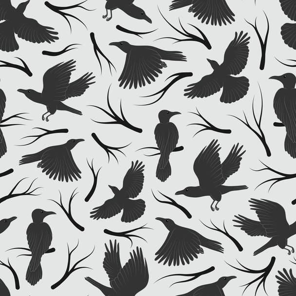 Płynny wzór z postaci kruka kreskówki w różnych pozach i gałęzi drzew. Cute black crows sztuki, latające ptaki płaskie wektor ilustracji. - Wektor, obraz