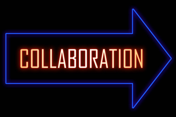 Neon nyíl jel szöveggel. Szóbeli együttműködés. A kollektív kreativitás, innováció és siker útjának megvilágítása. Üzleti koncepció.  - Fotó, kép