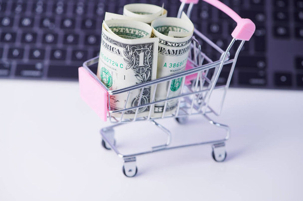 carrito de compras en miniatura lleno de billetes de dólar como concepto para compras en línea - Foto, Imagen