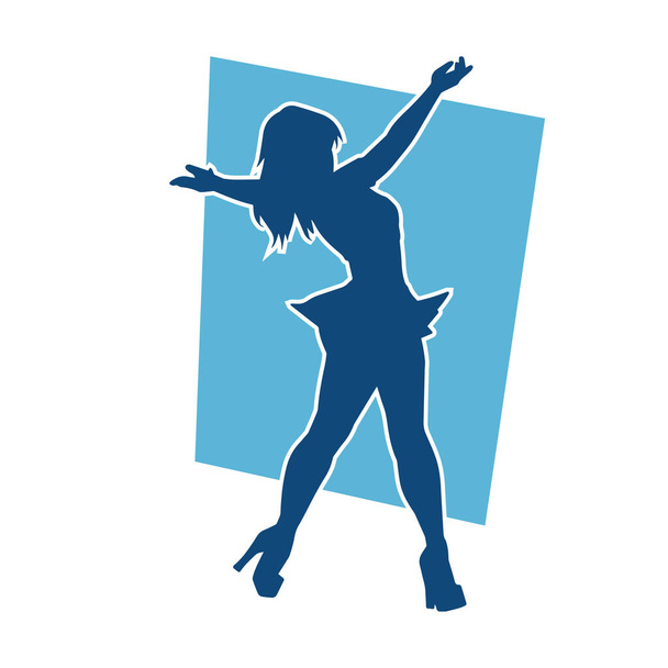 Silhouette di una ballerina che indossa minigonna in posa azione. Silhouette di una donna magra che balla felicemente. - Vettoriali, immagini