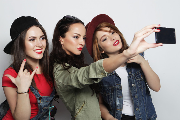 hipster girls best friends taking selfie - Photo, image