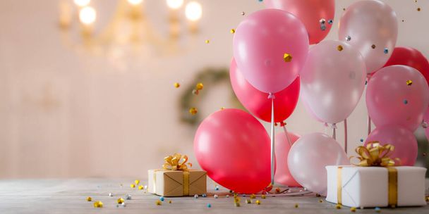 Fond de célébration avec des ballons rose vif et des boîtes-cadeaux. rendu 3d - Photo, image