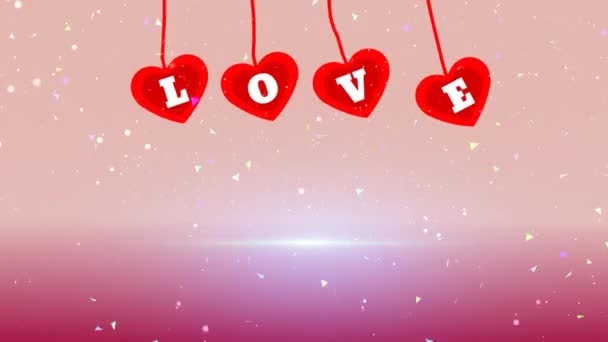 Szív szöveges SZERETET betűk lógnak a felső mennyezeten Kötél copyspace. konfetti és részecskék alá Születésnap, Valentin nap, Anyák napja Köszöntés Dekoratív ünnepi romantikus háttér animáció. - Felvétel, videó