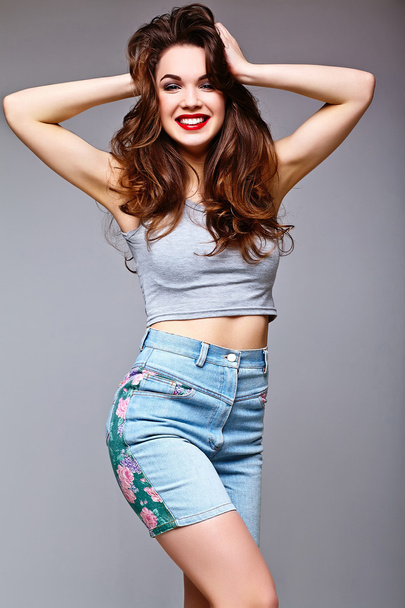 High fashion look.glamor stylish sexy surprised beautiful young woman model in summer bright jeans  hipster cloth - Foto, Bild