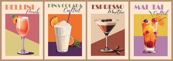Cocktails retro poster set. Bellini peach, Pina Colada, Espresso Martini, Mai Tai colorful print. Collection of popular alcohol drinks. Vintage style flat vector illustrations for bar, pub, restaurant - Vector, Image