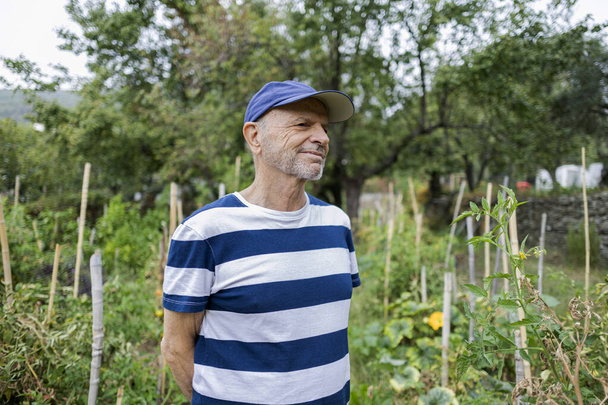 portrait of elderly farmer man proud of his progress in his garden that he takes care of after retirement - 写真・画像