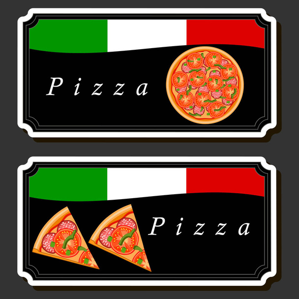 Illustration on theme big hot tasty pizza to pizzeria menu, Italian pizza consisting of various ingredients such as crispy baked dough, red tomato, German sausage, champignon mushrooms and much more - Vector, Image