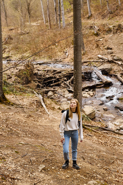 Pretty blonde hiker with travel backpack, walking near forest stream looking in the sky - Photo, Image