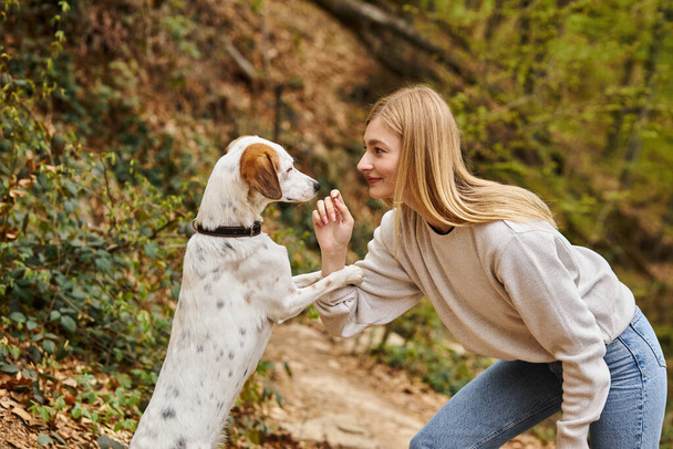 Веселая женщина тренирует свою домашнюю собаку держать на поводке во время пешеходного отдыха с видом на горы и лес - Фото, изображение