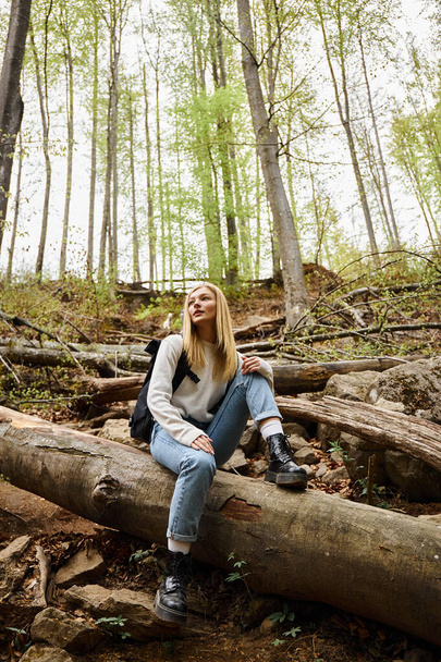 Aktivní zdravá žena pěší turistika v krásném lese, mladá blondýnka pěší turistka odpočívající během trekking - Fotografie, Obrázek