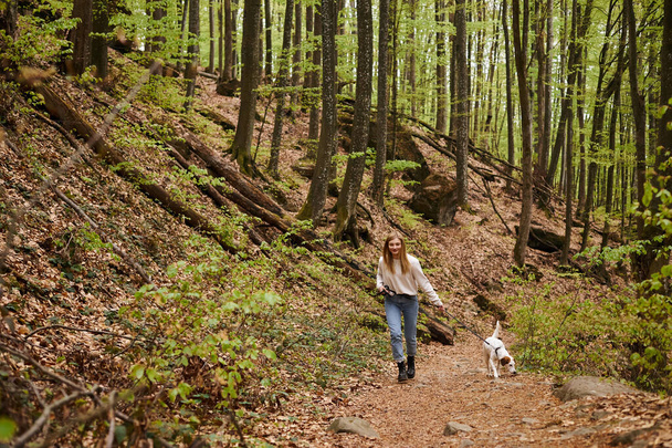 Улыбающаяся молодая женщина в свитере и джинсах выгуливает свою собаку на поводке по лесной тропинке во время похода - Фото, изображение