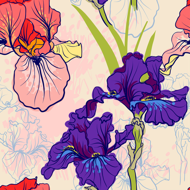 Retro renklerde dekoratif Iris çiçekler. - Vektör, Görsel