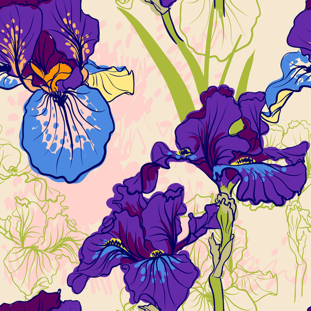 Decorative iris flowers in retro colors. - Vecteur, image