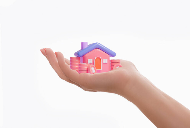 3d mini dům v dlani ženské handicon Vykreslit dům pro nemovitosti, hypotéky, úvěrové koncepce a domovské stránky - Fotografie, Obrázek