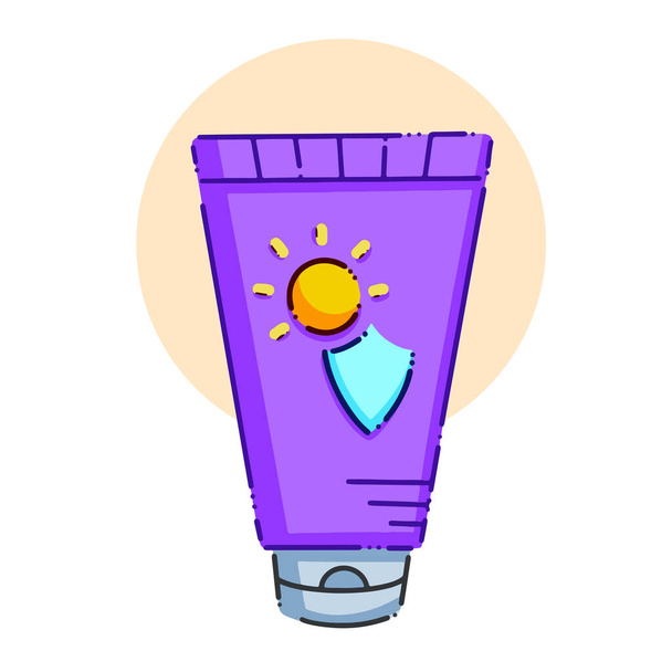 Sonnenschirm mit lila farbigem Verpackungsvektorsymbol auf quadratischem weißem Hintergrund. Sonnenlicht-Block für die Gesundheit der Haut. Einfache flache farbige Zeichnung im Cartoon-Stil. - Vektor, Bild
