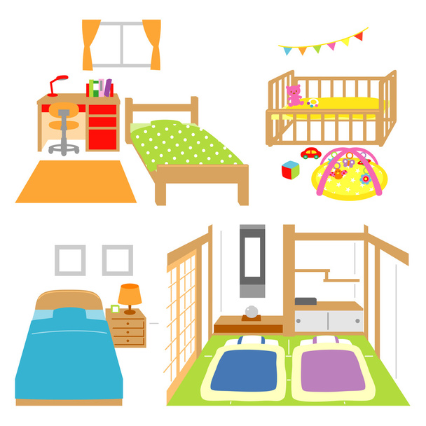 Hálószoba, gyerek szoba, gyermekágy, japán stílusú szoba - Vektor, kép