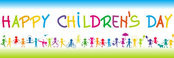 Cartaz do Dia das Crianças Feliz com crianças estilizadas brincando - Vetor, Imagem