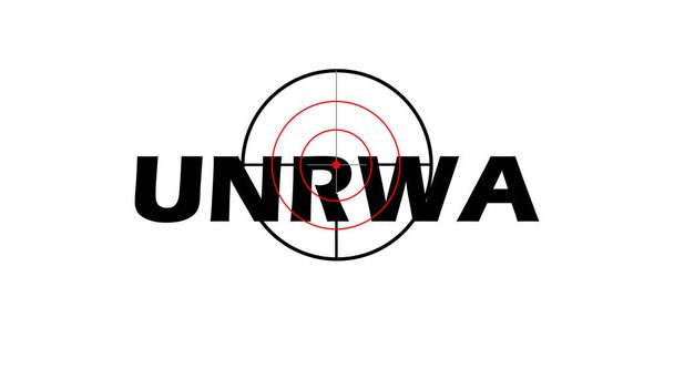 UNRWA, fegyverrel céloz a kifejezésre. Az ENSZ Segélyezési és Munkaügyi Ügynökségének vizuális képviselete, kiemelve humanitárius erőfeszítéseit és a palesztin menekülteknek nyújtott támogatását - Fotó, kép