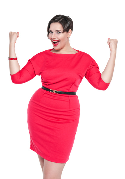 Krásné plus velikost ženy v červených šatech s Ano gesto izolované - Fotografie, Obrázek