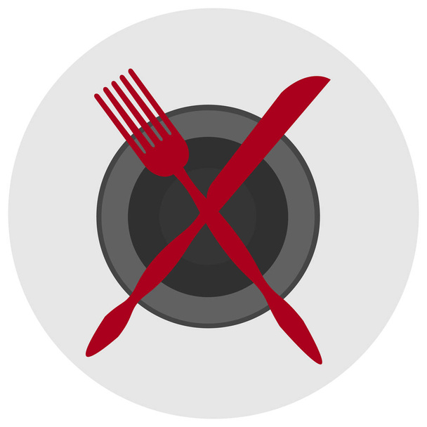 Vector graphics. Sign prohibiting eating. In a gray circle there is a plate crossed out with a red fork and knife. - Vector, Image