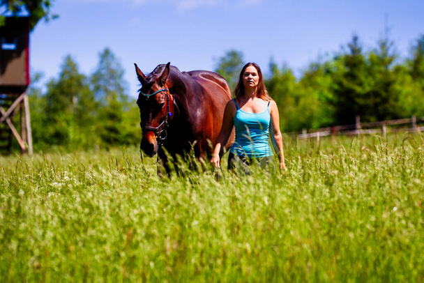 Nuori nainen ratsastaja pitkät ruskeat hiukset seisoo hänen hevonen korkea kesä niitty kirkkaassa auringonpaisteessa. - Valokuva, kuva