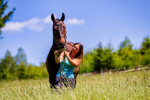 Nuori nainen ratsastaja pitkät ruskeat hiukset seisoo hänen hevonen korkea kesä niitty kirkkaassa auringonpaisteessa. - Valokuva, kuva