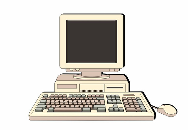 Ordenador retro con pantalla y teclado. Computadora 80-90. Frente a frente. Estilo de dibujos animados. Estilo retro lineal - Vector, Imagen