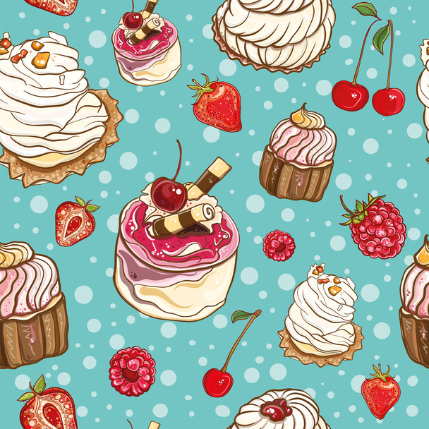 Бесшовный рисунок с тортами и ягодами
 - Вектор,изображение
