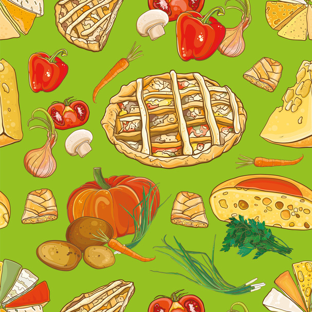 nahtloses Muster mit Gemüse, Käse und Kuchen - Vektor, Bild