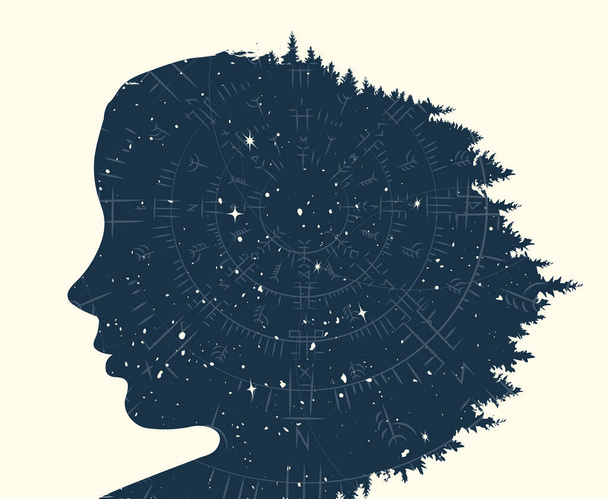 Abstract universe background with stars and esoteris symbols. Human face silhouette in space - Vector, Image