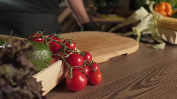 Chef en guantes lanzando pimientos sobre tabla de cortar junto a tomates, hierbas y verduras. cámara lenta, primer plano. - Metraje, vídeo