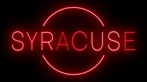 Signo de neón de estilo retro rojo parpadeante que brilla sobre un fondo negro para SYRACUSE - Metraje, vídeo