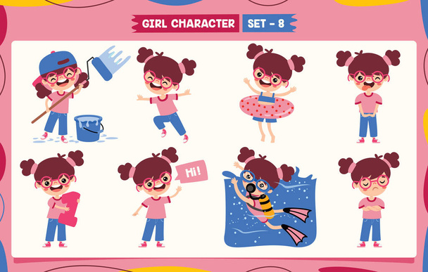 Cartoon Girl Doing Various Activities - Vector, Image