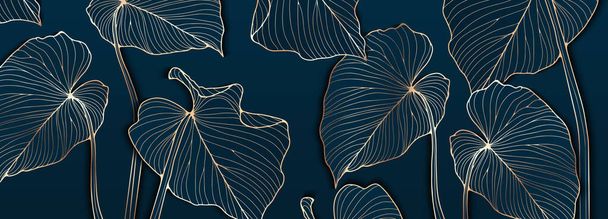 Tmavý luxusní tropický design se zlatými obrysy tropických listů. Botanické pozadí, tapety, pohlednice, obal design - Vektor, obrázek