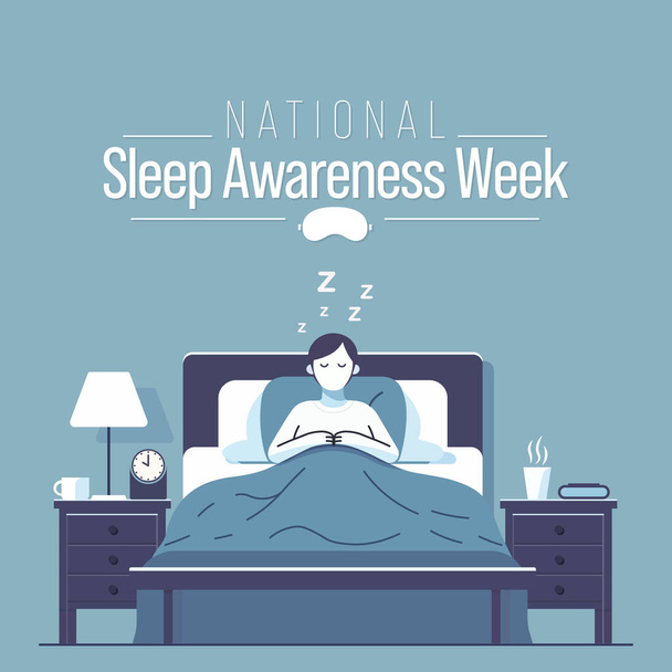 Η Εβδομάδα Ενημέρωσης για τον Ύπνο είναι μια ετήσια εκδήλωση που γιορτάζεται κάθε χρόνο τον Μάρτιο. Αυτή είναι μια ευκαιρία να σταματήσετε και να σκεφτείτε τις συνήθειες ύπνου σας, σκεφτείτε πόσο επηρεάζουν την ευημερία σας. Διανυσματική τέχνη - Διάνυσμα, εικόνα
