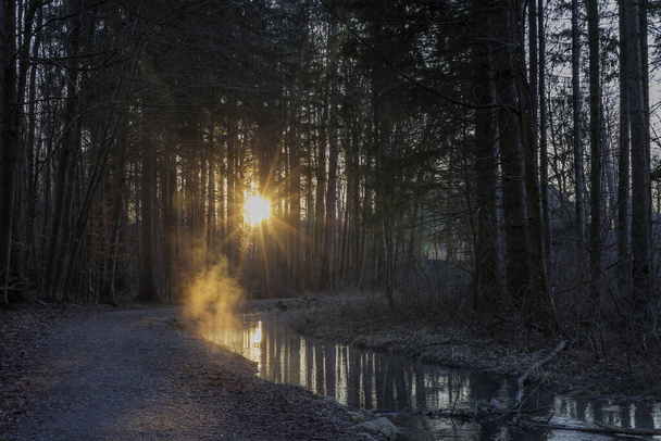 Weg am Brunnenbach durch den Siebentischwald in Siebenbrunn bei Sonnenaufgang an einem Wintertag - Foto, Bild