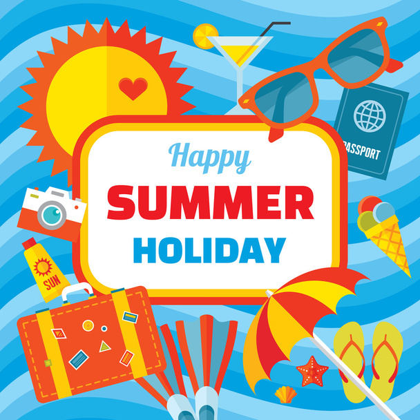 Happy summer holiday - creative vector banner in flat style design for presentation, booklet, website etc. Summer signs set. Summer vector background. Design element. - Vektor, kép